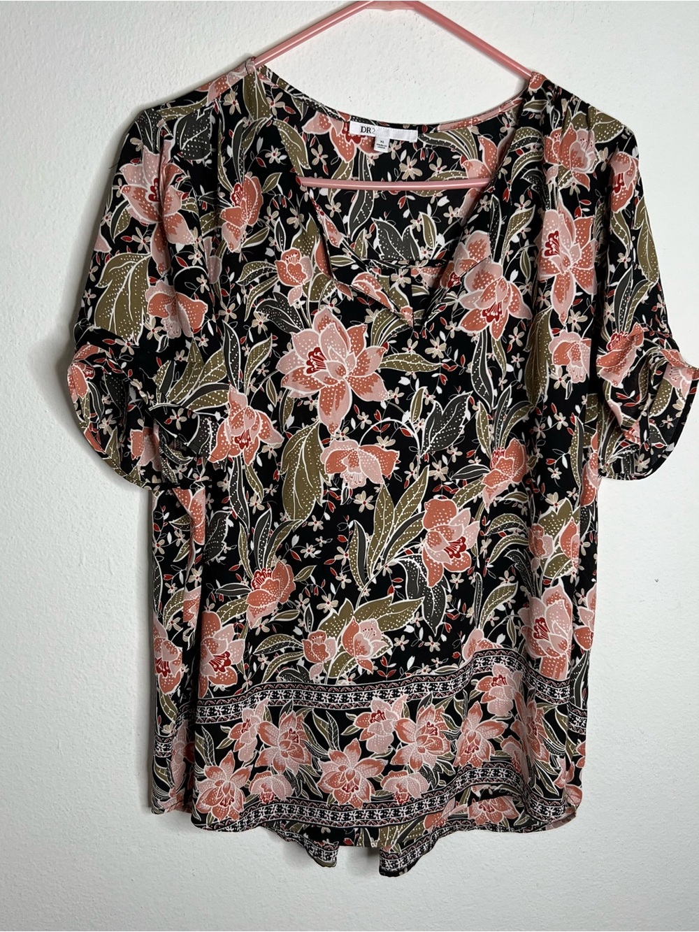 DR2 Daniel Rainn Women Blouse  Keyhole Neck Pleated Floral Summer Top Size XL